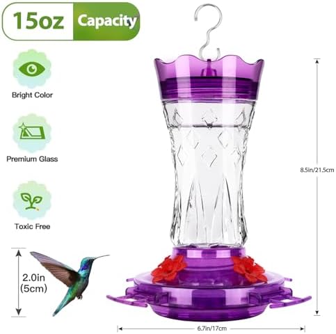 Hummingbird Feeders for Outdoors Hanging, BOLITE Glass Hummingbird Feeder, 4 Bee Guard Feeding Ports, Built-in Ant Moat, Leak Proof, 15 Ounces, Stars Decor, Purple, 2 Pack, Gifts for Women Men