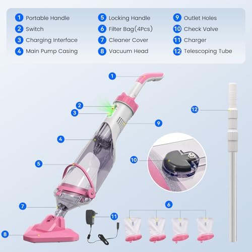 Pool Vacuum for Above Ground Pool with a Telescopic Pole, Running time up to 1H, T403 Handheld Rechargeable Pool Cleaner with Powerful Suction up to 18.5 gallons/min, Ideal for Leaves, Debris