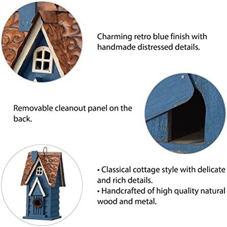 Glitzhome 12" H Retro Blue Distressed Solid Wood Cottage Birdhouse Hanging Bird House for Outdoors