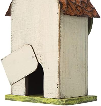 Glitzhome 9.7" H Hanging Birdhouse for Outdoor Patio Garden Decorative Pet Cottage Wooden Distressed Birdhouse, Leaves Rustic White