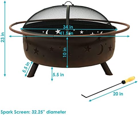 Sunnydaze Cosmic 42-Inch Large Outdoor Fire Pit - Wood-Burning Fire Pit with Round Spark Screen, Poker, and Built-in Grate