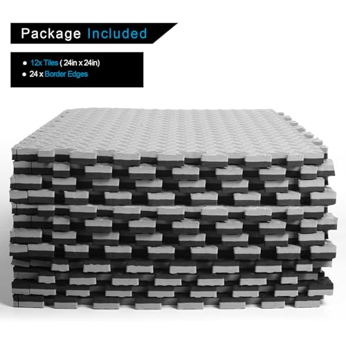 Holymus 1 in Thick 48 Sq Ft EVA Foam Exercise Gym Mats 12 Pcs - Interlocking Puzzle Floor Tiles for Home Gym Heavy Workout Equipment Flooring - 24 x 24in Tile, Black & Gray