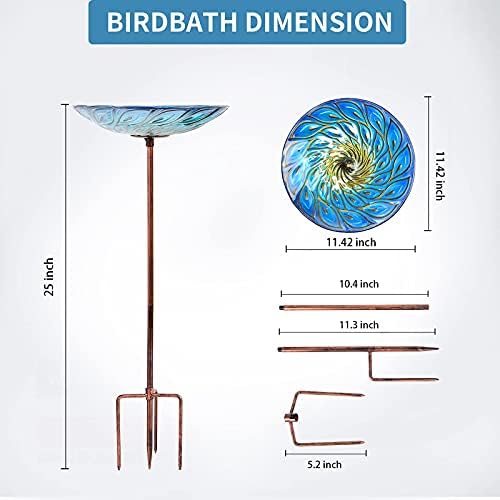 MUMTOP Glass Bird Bath, Garden Outdoor Birdbaths Birdfeeder with Metal Stake Peacock