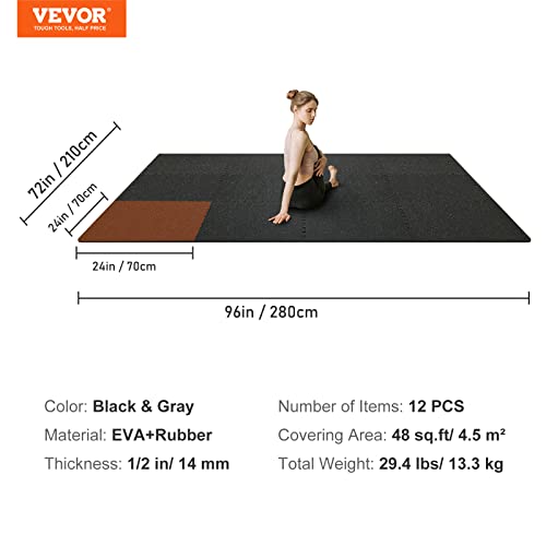 VEVOR 6PCS 0.56 inch Thick Gym Floor Mats, 24" x 24" EVA Foam & Rubber Top Interlocking Workout Floor Mats with 24 sq.ft Coverage, Waterproof Exercise Puzzle Flooring for Gym, Home, Garage, Basement