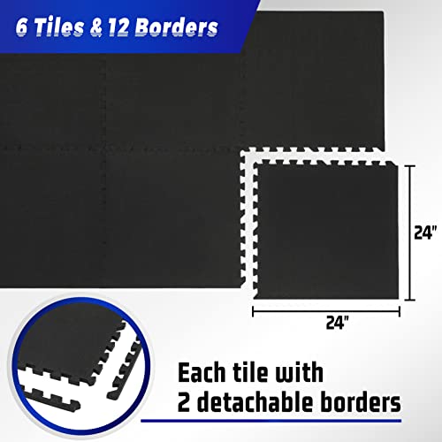 SUPERJARE 0.79 Inch Gym Flooring for Home Gym, 6 Tiles Exercise Equipment Mats with Rubber Top, Interlocking Rubber Floor Tiles for Home Gym and Fitness Room, Protective Flooring Mat Black