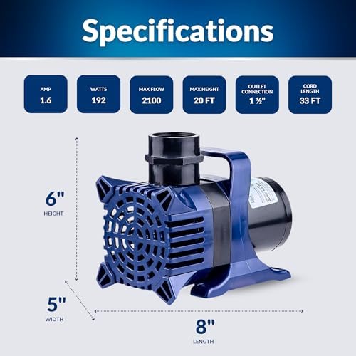 Alpine Corporation 2100 GPH Submersible Water Pump with 33 FT Cord and Adapters for Ponds, Fountains, Waterfalls, and Water Circulation, 192 Watts 20 FT Lift Quiet Operation Vertical/Horizontal