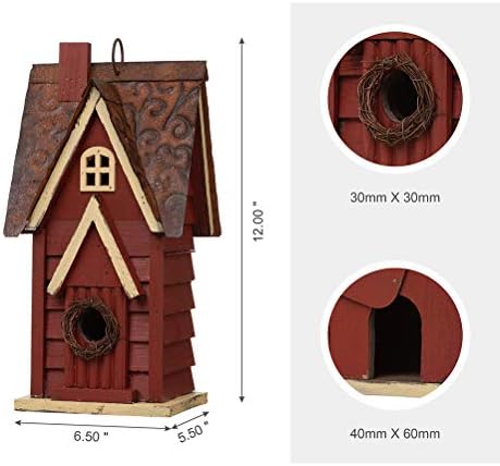 Glitzhome Solid Wood Distressed Cottage Garden Birdhouse Hanging Bird House for Outdoors 12" H,Red