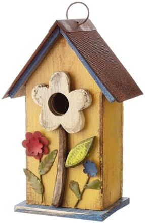 Glitzhome 10.2" H Hanging Bird House for Outdoor Patio Garden Decorative Birdhouse Pet Cottage Distressed Wooden Birdhouse, Yellow Flower