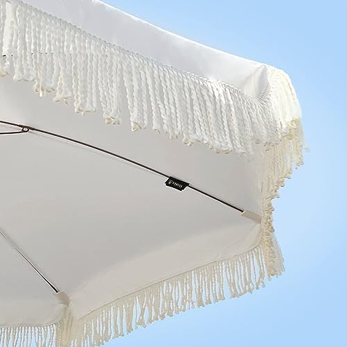 AMMSUN 7ft Patio Umbrella with Fringe Outdoor Tassel Umbrella UPF50+ Premium Steel Pole and Ribs Push Button Tilt, Cream White