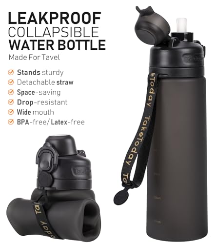 TakeToday Collapsible Water Bottles 20oz, Leak Proof, BPA-Free, Foldable Silicone Travel Water Bottle with Straw Strap for Cycling, Hiking, Outdoors (Black)