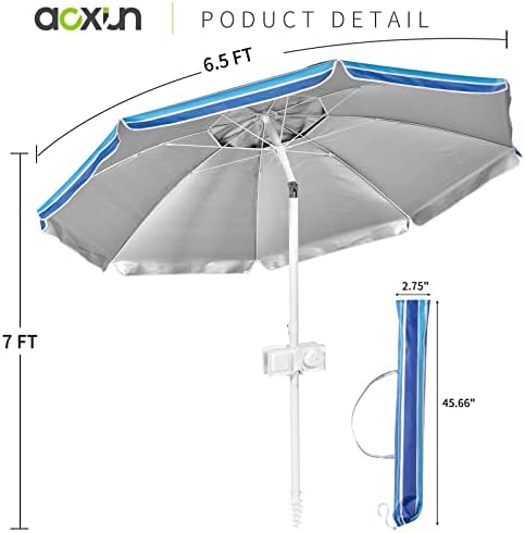Aoxun 6.5ft Beach Umbrella with Tray and Tilt Pole Portable Patio Umbrella with Sand Anchor and Carry Bag Outdoor UPF 50+ Sun Shelter with Air Vents Design (Navy Blue)