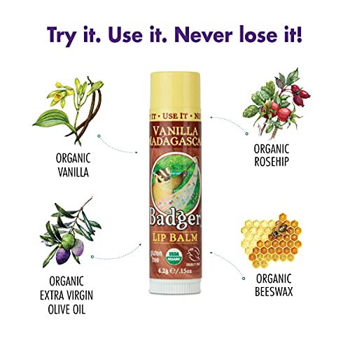 Badger - Classic Lip Balm, Vanilla Madagascar, Made with Organic Olive Oil, Beeswax & Rosemary, Natural Lip Balm, Certified Organic, Moisturizing Lip Balm, 0.15 oz