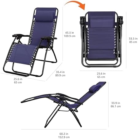 Amazon Basics Outdoor Patio Zero Gravity Lounge Chair with Pillow, Folding Reclining and Textilene Adjustable, Folding Lounge Lawn Chairs for Outside, 26", Blue
