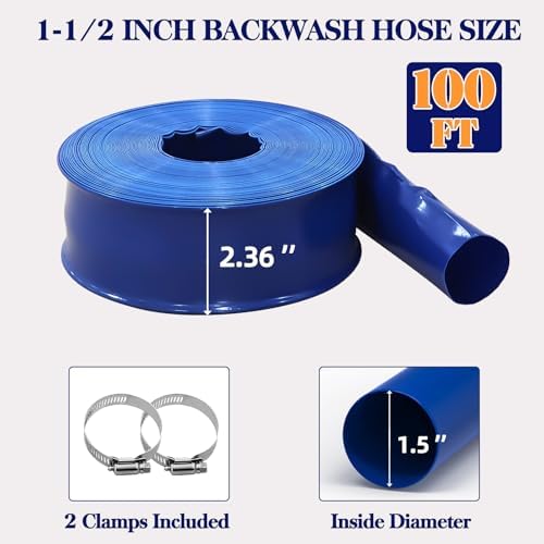 1 1/2 IN x 100 FT Pool Backwash Hose, Heavy-Duty PVC Lay Flat Hose, Weatherproof Burst Resistant, Pool Drain Hose for Water Transfer, Sump Pump, Pool Drain, with 2 Clamps