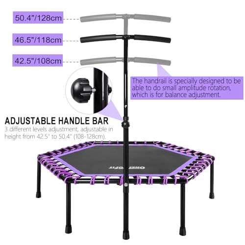 ONETWOFIT 48" Silent Mini Trampoline with Adjustable Handle Bar Fitness Trampoline Bungee Rebounder Jumping Cardio Trainer Workout for Adults