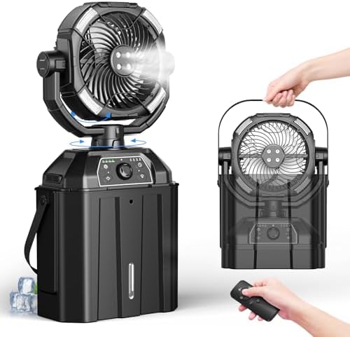 Misting fan with 7L bucket 90°Oscillating ,4 Spray Mister 25000mAh Rechargeable Camping fan with Remote Control Stepless Speed and Timer for Patios/Camping,Waterproof Design Outdoor Fans (Black)