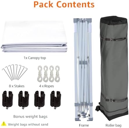 Amazon Basics Outdoor Pop Up 10 x 10 Canopy Tent for Events, Portable with Easy Setup, One-Push, Includes Wheeled Carry Bag, 8 Pegs, 4 Ropes, 4 Weighted Bags, White