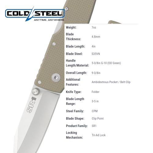 Cold Steel SR1 S35VN Steel 4" Clip Point Blade G-10 Handle Folding Knife with Tri-Ad Locking Mechanism and Pocket/Belt Clip