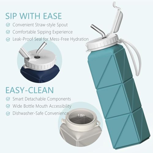 BEAUTAIL Collapsible Water Bottles 2 Pack, Silicone Foldable Portable Water Bottle 610ml, Lightweight Reusable Leakproof for Travel Camping Hiking Cycling Yoga Sports Outdoor (Dark Blue+Blue)