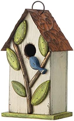Glitzhome 9.7" H Hanging Birdhouse for Outdoor Patio Garden Decorative Pet Cottage Wooden Distressed Birdhouse, Leaves Rustic White