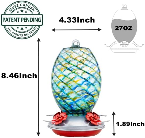 Muse Garden Glass Humming Bird Feeders for Outdoors - 27OZ Blown Glass Hummingbird Feeder - Unique Gift for Mom Women Grandparents, Outdoors Hanging Garden Decor, Ant Moat & Brush, Beach Mermaid