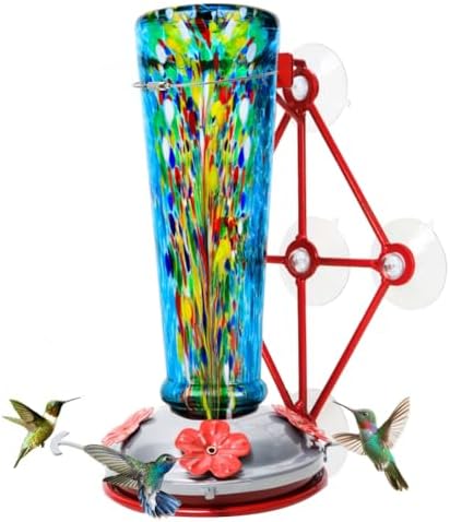Window Hummingbird Feeder with 5 Strong Suction Cup 16 Ounces Colorful Hand-Blown Glass Hummingbird Feeder for Outdoor Patio Hanging Windows Mount (Blue)