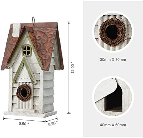 Glitzhome 12" H Washed White Distressed Solid Wood Cottage Birdhouse Hanging Bird House for Outdoors