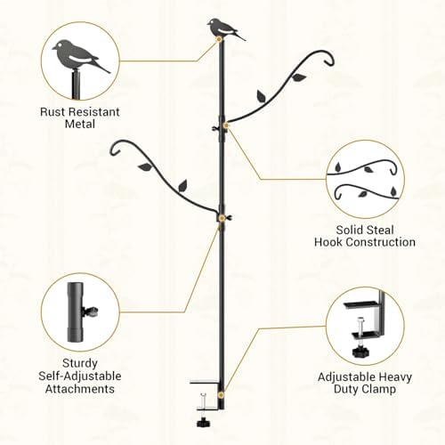 Idzo 42-Inch Adjustable Double Deck Hook for Railing, Shepherds Hooks for Outdoor Heavy-Duty with 3-Layer Coating, 5 Pounds Capacity Per Arm, Rust-Resistant Iron, Ideal for Bird Feeders and Planters