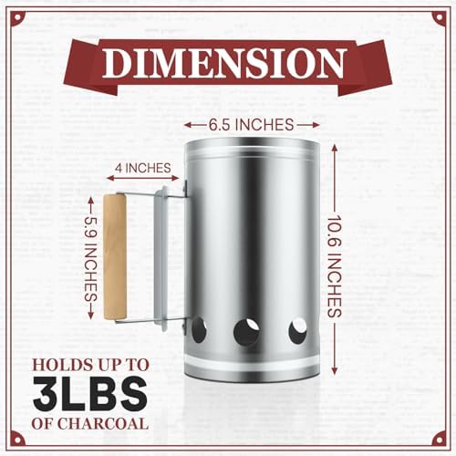 Leonyo Charcoal Chimney Starter, Heavy Duty BBQ Chimney Starter Perfect for Charcoal Grill and BBQ, Sturdy and Easy to Use BBQ Grill Tool for Rapid Fire Starter, Heat Resistant Wooden Handle, Silver