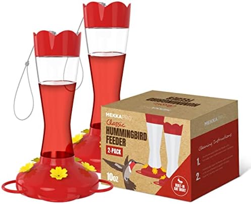 MEKKAPRO Two-Pack Hummingbird Feeders for Outdoors Hanging Made from Glass, 10oz, Hanging 5 Nectar Feeding Stations, Top Fill Hummingbird Feeder, Bright Red, Backyard Feeder (10 Ounce - 2 Pack)