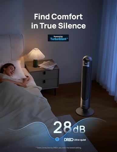 Dreo Tower Fan for Bedroom, 90Β° Oscillating Standing Fans for Room with 4 Speeds, 3 Modes, 28dB Quiet for Sleep, 25ft/s Velocity, 8H Timer, Remote, Living Room, Office, Home, Black, TF117