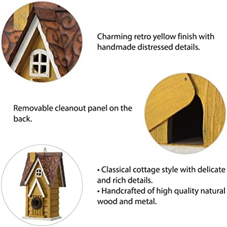 Glitzhome 12" H Yellow Distressed Solid Wood Cottage Birdhouse Hanging Bird House for Outdoors