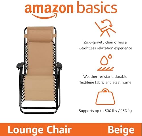 Amazon Basics Outdoor Patio Zero Gravity Lounge Chair with Pillow, Folding Reclining and Textilene Adjustable, Folding Lounge Lawn Chairs for Outside, 26", Beige