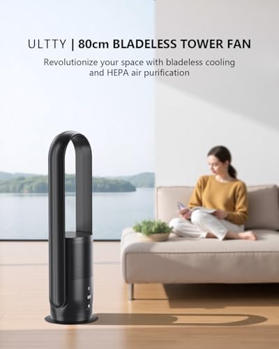 ULTTY Bladeless Tower Fan with HEPA Filter, 90° Oscillating Tower Fan, Remote Control, Touch, 8H Timer, 9 Speeds, Powerful Floor Fan for Bedroom Room Home Office, CR022, Black