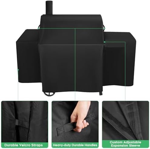 Heavy-Duty 600D Grill Cover fits for Char-Griller Smokin Champ 1624、Smoking Champ Offset Smoker 1733、Blazer 2130 and Classic 2175,Expansion Sleeves fit Around Side fire Box and Flue