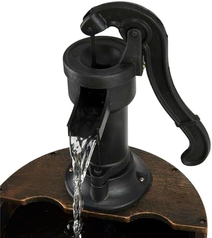 Alpine Corporation TEC234BR Outdoor Floor Tiered Rustic Pump and Barrel Water Fountain, Old-Fashioned Waterfall, 40", Brown