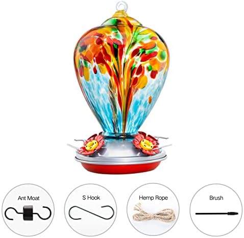 Hummingbird Feeder, 34OZ Hand Blown Glass Hummingbird Feeders for Outdoors Hanging, 4 Feeding Perch with Ant Moat Leakproof, Garden Yard Decor Gifts for Women Mom (Holiday Balloon)