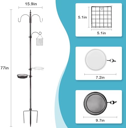 Bird Feeder Stand Pole,77 Inch Feeding Station Kit for Outside, Wild Bird Feeder Hanging Kit with Metal Suet, Bird Bath and Mesh Tray, 3-Prong Base