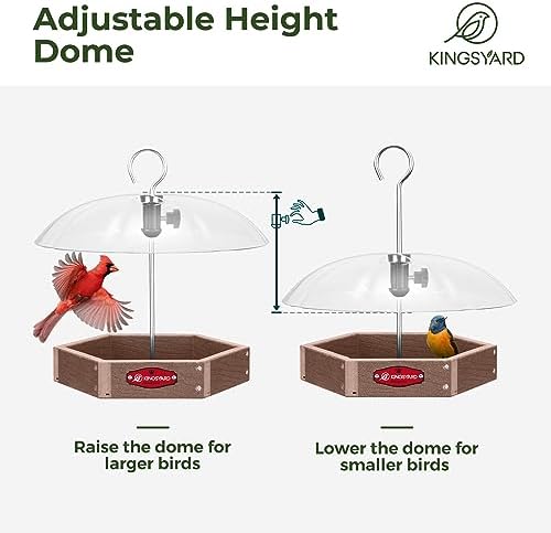 Kingsyard Platform Bird Feeder for Outdoor Hanging - Rugged Recycled Plastic Wild Bird Feeding Station with Adjustable Dome & Metal Mesh Tray, Brown