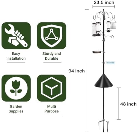 6-Hook Bird Feeding Station Kit Wild Bird Feeder Stand Pole, Multi-Feeder Hanging Kit Stand with Water Bowl, Mesh Tray and Squirrel Guard Baffle, 94 Inch