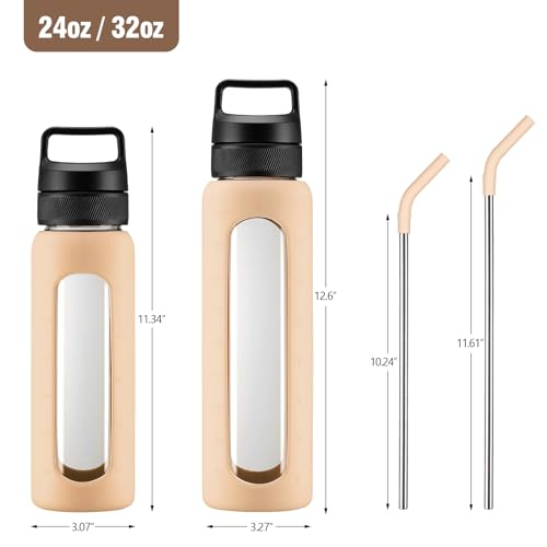 Kodrine 24 oz Glass Water Bottle with Straw, Clear Water Bottle Chug Lid and Bamboo Straw Lid, Borosilicate Glass Bottle 2 Lids Handle Top, Wide Mouth Water Bottle With Silicone Sleeve, Amber