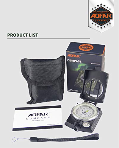 AOFAR Military Compass AF-4580 Black Lensatic Sighting Navigation, Waterproof and Shakeproof with Map Measurer Distance Calculator, Pouch for Camping, Hiking, Hunting, Backpacking