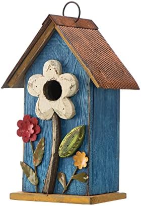 Glitzhome 10.2" H Hanging Bird House for Outdoor Patio Garden Decorative Birdhouse Pet Cottage Distressed Wooden Birdhouse, Flower Rustic Blue