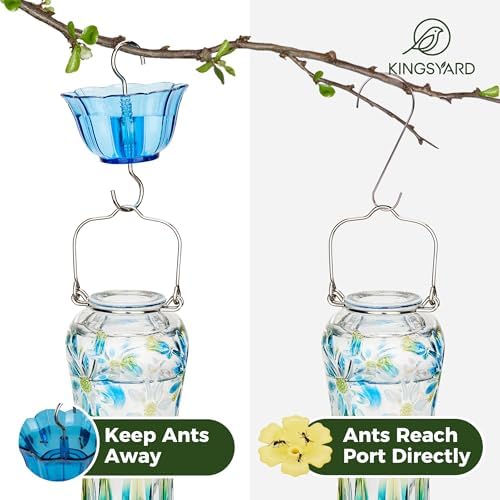 Kingsyard Hummingbird Feeder for Outdoors Hanging, 25 Ounces, Glass Humming Bird Nectar Feeder with Ant Moat & 6 Feeding Ports, Leak Proof, Blue