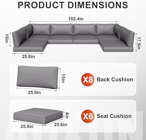 Aoxun Outdoor Replacement Cushions for Patio Furniture, Deep Seat Outdoor Cushions for 6-Seat Wicker Sectional, 14-Piece Water-Repellent Cushion for L-Shape Couch