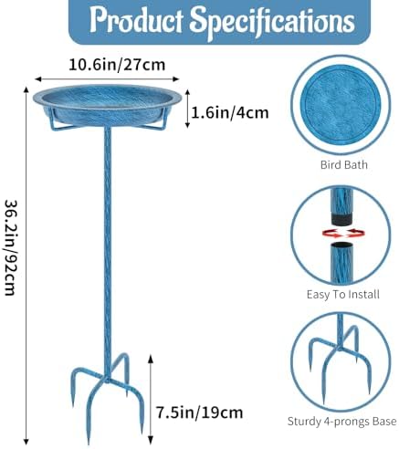 Metal Bird Bath for Outside, 36.2" Height Birdbath Bowl Standing Bird Feeders for Outdoors with 4 Prongs Base Stake, Freestanding Birdfeeders for Garden Yard Lawn Decor (Retro Blue)