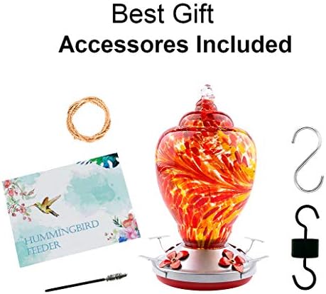 WOSIBO Hummingbird Feeder for Outdoors Patio Large 32 Ounces Colorful Hand Blown Glass Hummingbird Feeder with Ant Moat Hanging Hook, Rope, Brush and Service Card (RED)