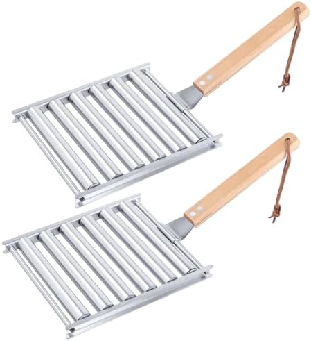 2Pcs Hot Dog Roller for Grill, Stainless Steel Sausage Roller Rack with Extra Long Wood Handle, BBQ Hot Dog Griller for Evenly Cooked Hot Dogs, 10 Hot Dog Capacity, 6.5 x 5.5 Inch
