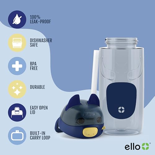 Ello Ellies 16oz Plastic Kids Water Bottle with Straw and Built-in Carrying Handle and Leak-Proof Locking Lid for School backpack, Lunchbox and Outdoor Sports, Dog