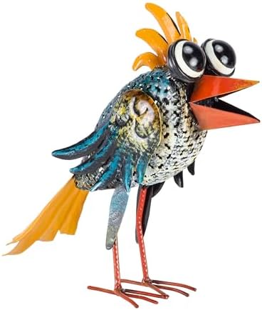 Alpine Corporation 11" Tall Outdoor Metal Wide-Eyed Bird Standing Yard Statue Decoration, Multicolor